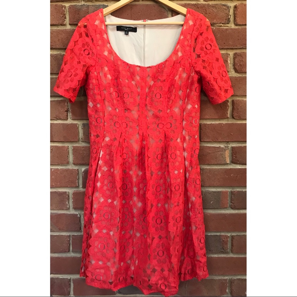 Nine West Red Lace Short Sleeve Dress